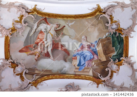 Annunciation of Mary, fresco by Matthaus Gunther in Benedictine monastery church in Amorbach, Germany Annunciation of Mary, fresco by Matthaus Gunther in Benedictine monastery church in Amorbach, Germany 141442436