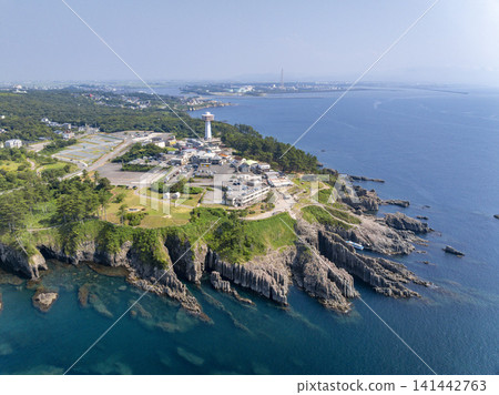 從空中俯瞰福井縣東陣坊的柱狀節理構造，遠眺日本海。 141442763