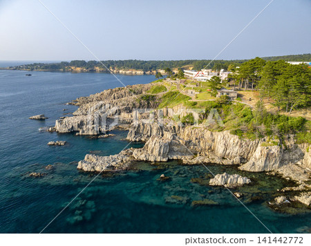 Aerial view of the columnar jointing formations at Tojinbo in Fukui Prefecture, overlooking the Sea of Japan. Aerial view of the columnar jointing formations at Tojinbo in Fukui Prefecture, overlooking the Sea of Japan. 141442772