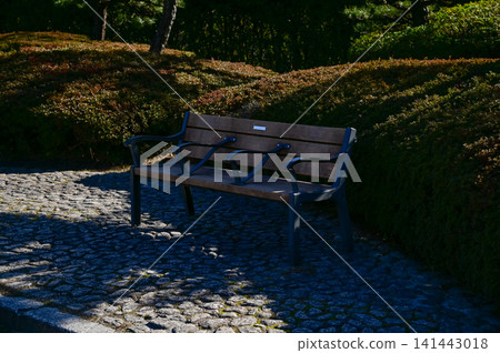 A bench in the public park in Nagoya, Japan. Empty bench in the park in Nagoya. For leisure, relax, resting. A bench in the public park in Nagoya, Japan. Empty bench in the park in Nagoya. For leisure, relax, resting. 141443018