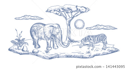Elephant and zebra standing in a savanna landscape next to an acacia tree. Hand drawn vector illustration of African animals in a vintage style. Greeting cards, nursery wallpaper designs and banners. Elephant and zebra standing in a savanna landscape next to an acacia tree. Hand drawn vector illustration of African animals in a vintage style. Greeting cards, nursery wallpaper designs and banners. 141443095