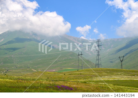 Scenic mountain valley with power lines crossing wildflower-covered hillsides Scenic mountain valley with power lines crossing wildflower-covered hillsides 141443194