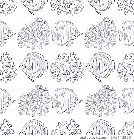 Seamless vector pattern with hand-drawn tropical fish and corals 141443250