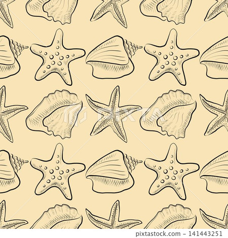 Seamless vector pattern with hand-drawn starfish, seashells on beige background 141443251
