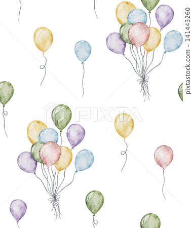 Vibrant watercolor seamless pattern of colorful ballons. Hand painted festive air balloons background for holiday greeting cards, birthday parties, children's clothing textiles 141443260