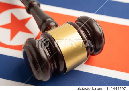 North Korea flag with judge hammer, Law and justice court. 141443297