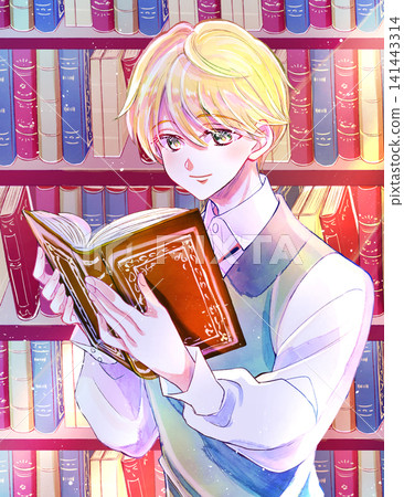 一個外表俊朗的男孩正在讀書;面帶微笑;金髮碧眼;背光;書架。 一個外表俊朗的男孩正在讀書;面帶微笑;金髮碧眼;背光;書架。 141443314
