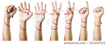 Set of human hands wrapped with red and white ribbon displaying finger counting numbers isolated on white background. High Quality Photo Set of human hands wrapped with red and white ribbon displaying finger counting numbers isolated on white background. High Quality Photo 141443322