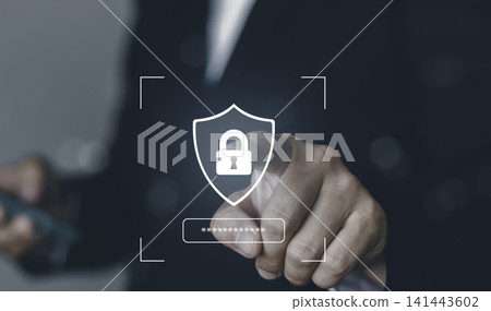 Close up businessman pointing at digital shield padlock and password bar icon. Cybersecurity authentication, secure login access, and data privacy protection concept for technology. Close up businessman pointing at digital shield padlock and password bar icon. Cybersecurity authentication, secure login access, and data privacy protection concept for technology. 141443602