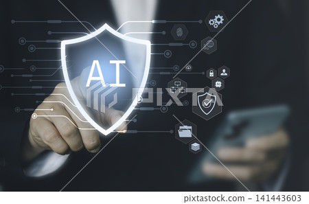 Artificial intelligence cybersecurity concept for data protection, technology network systems, and digital safety for business organization. Businessman touching glowing AI shield icon. Artificial intelligence cybersecurity concept for data protection, technology network systems, and digital safety for business organization. Businessman touching glowing AI shield icon. 141443603