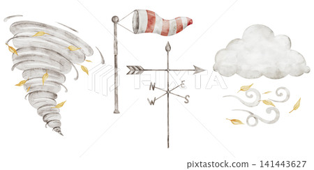 Watercolor wind, windsock on wooden pole with red and white stripes. Metal weather vane with arrow and compass rose wind indicator and spiral tornado. Set icon of meteorology for kids preschool Watercolor wind, windsock on wooden pole with red and white stripes. Metal weather vane with arrow and compass rose wind indicator and spiral tornado. Set icon of meteorology for kids preschool 141443627