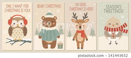Christmas greeting card set with owl, bear, reindeer, bird, cute winter animals, holiday puns, snowflakes, and festive wishes Christmas greeting card set with owl, bear, reindeer, bird, cute winter animals, holiday puns, snowflakes, and festive wishes 141443632