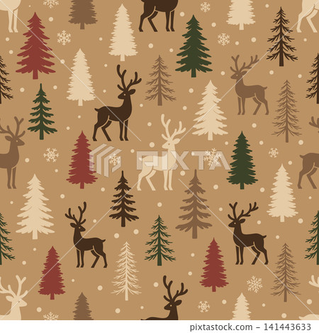 Christmas seamless pattern with reindeer, fir trees, snowflakes, dots, and warm brown forest silhouettes Christmas seamless pattern with reindeer, fir trees, snowflakes, dots, and warm brown forest silhouettes 141443633