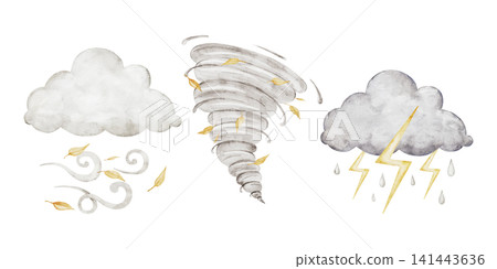 Watercolor dark thundercloud with lightning, wind rain and spiral tornado. Weather icon clipart. Set of meteorology and climate elements for kids preschool posters, baby design. Transparent background 141443636