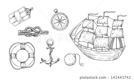 Vector wind sail boat. Hand painted linear fishing ship illustration. Graphic monochrome sketch isolated on background. For designers, prints, logo, icon, menu, postcards, holiday, cover 141443742