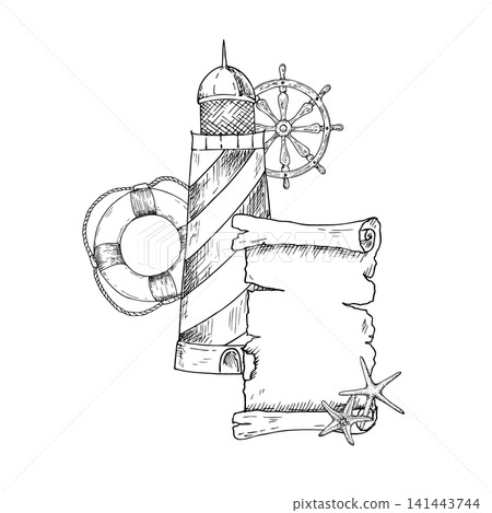 Vector composition with lighthouse, ship's wheel helme behind old scroll paper. Hand painted linear nautical, lifebuoy illustration. Graphic monochrome sketch isolated on background. For designers. Vector composition with lighthouse, ship's wheel helme behind old scroll paper. Hand painted linear nautical, lifebuoy illustration. Graphic monochrome sketch isolated on background. For designers. 141443744