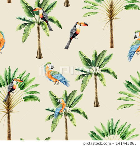 Seamless pattern with tropical palms, parrot macaw, toco toucan. Watercolor hand drawn Travelers tree, birds. Isolated banner, frame illustration on transparent background. Perfect for tropical design Seamless pattern with tropical palms, parrot macaw, toco toucan. Watercolor hand drawn Travelers tree, birds. Isolated banner, frame illustration on transparent background. Perfect for tropical design 141443863