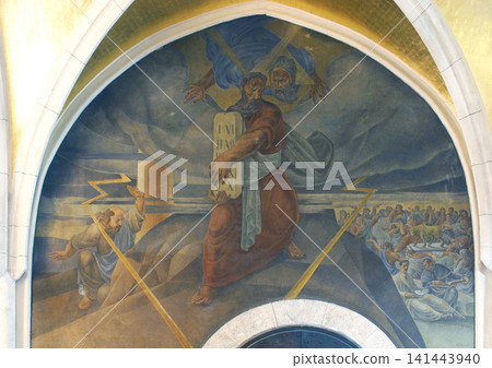 Moses receives ten commandments, fresco in the church of St. Mark in Zagreb, Croatia Moses receives ten commandments, fresco in the church of St. Mark in Zagreb, Croatia 141443940