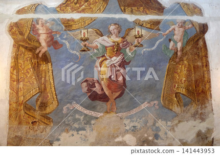 Allegory grace of speech and grace of silence, of Ivan Krstitelj Ranger, fresco in the church of Saint Catherine of Alexandria in Krapina, Croatia Allegory grace of speech and grace of silence, of Ivan Krstitelj Ranger, fresco in the church of Saint Catherine of Alexandria in Krapina, Croatia 141443953