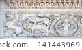 Bass relief on the Portal of San Michele in Foro Church in Lucca, Italy 141443969