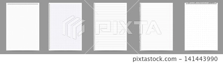 Different types of blank notebook pages are arranged on a gray surface. Pages include grid patterns, lined sheets, and checkered designs. Ideal for writing and organizing notes. Different types of blank notebook pages are arranged on a gray surface. Pages include grid patterns, lined sheets, and checkered designs. Ideal for writing and organizing notes. 141443990