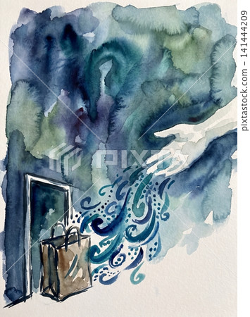 Watercolor illustration depicting a hand reaching towards a paper bag through swirling blue energy with watercolor painting showing swirl towards solitary Watercolor illustration depicting a hand reaching towards a paper bag through swirling blue energy with watercolor painting showing swirl towards solitary 141444209
