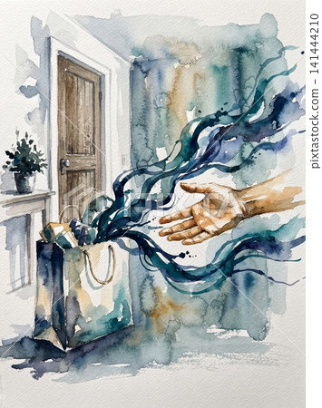 Abstract watercolor illustration depicting a hand reaching toward a mystical bag of floating energy streams with watercolor painting outstretched Abstract watercolor illustration depicting a hand reaching toward a mystical bag of floating energy streams with watercolor painting outstretched 141444210