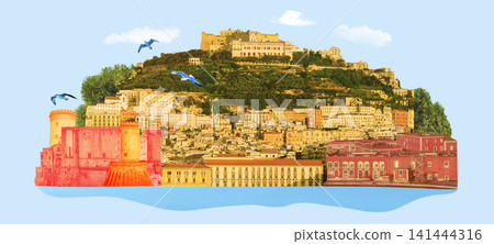 Aerial View of roof, street, building of Napoli at Italy - art collage design Aerial View of roof, street, building of Napoli at Italy - art collage design 141444316