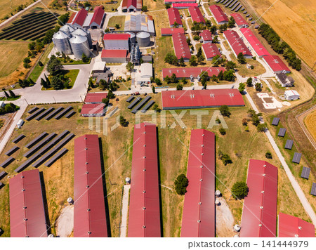 Farm layout with red roofs and silos in a rural area showing solar panels and fields Farm layout with red roofs and silos in a rural area showing solar panels and fields 141444979