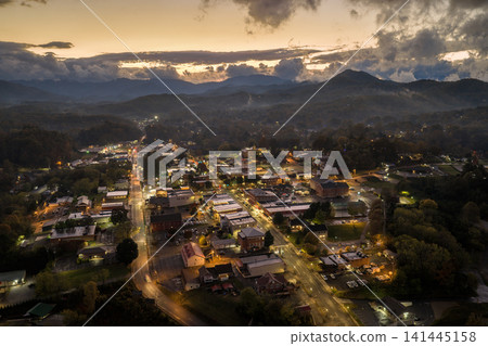 Franklin, North Carolina at sundown. Popular tourist town surrounded by dark Appalachian mountain hills. 141445158