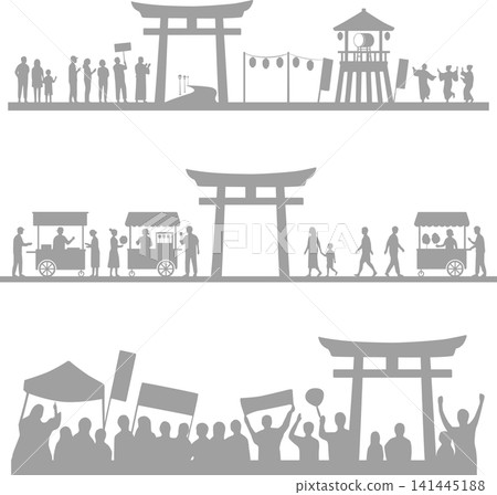 一組描繪神社夏季祭典的剪影插圖。 一組描繪神社夏季祭典的剪影插圖。 141445188