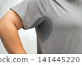 Sweaty underarms, Asian woman with sweat on clothes under armpit. 141445220