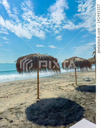 People relax under thatched umbrellas on a beach with clear blue skies and calm waves during a sunny day in a coastal area People relax under thatched umbrellas on a beach with clear blue skies and calm waves during a sunny day in a coastal area 141445357