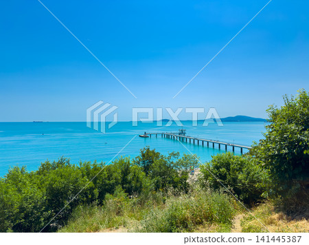 Beautiful view of a pier extending into the blue ocean with green trees in the foreground during sunny weather in a coastal area Beautiful view of a pier extending into the blue ocean with green trees in the foreground during sunny weather in a coastal area 141445387