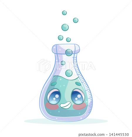 Hand-drawn cute cartoon characters. A glass laboratory flask for scientific research. Isolated on a white background. Cartoon children's vector illustration for poster design, printing, textiles Hand-drawn cute cartoon characters. A glass laboratory flask for scientific research. Isolated on a white background. Cartoon children's vector illustration for poster design, printing, textiles 141445530