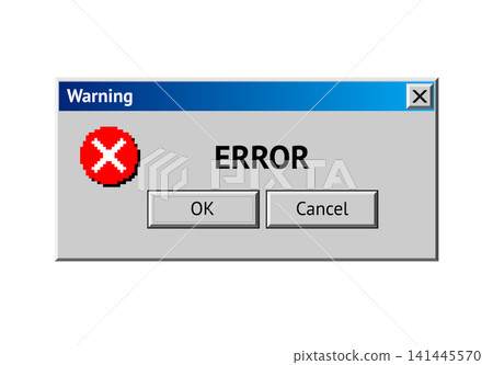 Retro computer warning popup window displaying generic error message with buttons Retro computer warning popup window displaying generic error message with buttons 141445570