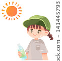 A child wearing a hat and carrying a drink to prevent heatstroke. 141445793