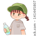 A child wearing a hat and carrying a drink to prevent heatstroke. 141445807