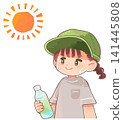 A child wearing a hat and carrying a drink to prevent heatstroke. 141445808