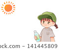 A child wearing a hat and carrying a drink to prevent heatstroke. 141445809