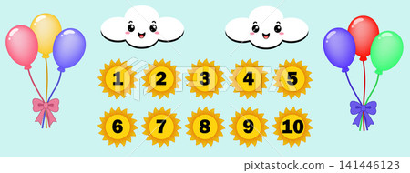 Back to school educational kids counting activity worksheet with sun numbers clouds and balloons Back to school educational kids counting activity worksheet with sun numbers clouds and balloons 141446123