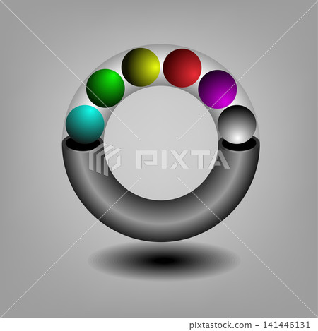 Abstract 3D circular ring frame design with colorful spheres on grey surface Abstract 3D circular ring frame design with colorful spheres on grey surface 141446131