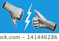 Halftone Thumbs Up Down Lightning Split Blue Illustration 141446286