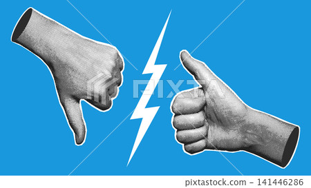 Halftone Thumbs Up Down Lightning Split Blue Illustration Halftone Thumbs Up Down Lightning Split Blue Illustration 141446286
