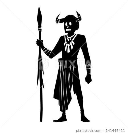Tribal shaman with spear and mask with animal's horns vector black silhouette, native aborigine ancient wizard character Tribal shaman with spear and mask with animal's horns vector black silhouette, native aborigine ancient wizard character 141446411