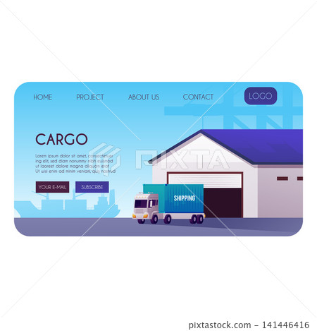 Cargo logistics landing page vector flat design, shipping truck with cargo container near the warehouse in trade port Cargo logistics landing page vector flat design, shipping truck with cargo container near the warehouse in trade port 141446416