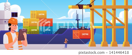 Cargo ship with containers in the seaport, trade maritime logistics, worker manages shipments and lifting crane loading Cargo ship with containers in the seaport, trade maritime logistics, worker manages shipments and lifting crane loading 141446418