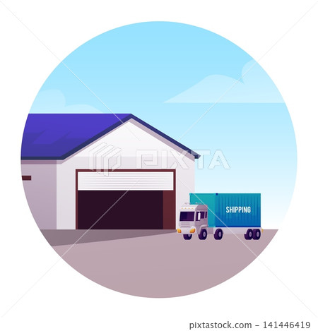 Delivery truck near the warehouse gate, shipping service vector flat isolated in round frame, logistics trade industry Delivery truck near the warehouse gate, shipping service vector flat isolated in round frame, logistics trade industry 141446419