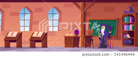 Magic classroom background with wizard teacher cartoon vector art Magic classroom background with wizard teacher cartoon vector art 141446444