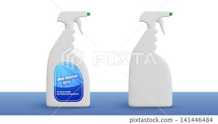 Mold remover spray bottle realistic vector 3D mockup, white bottle blank and with label design, disinfection detergent Mold remover spray bottle realistic vector 3D mockup, white bottle blank and with label design, disinfection detergent 141446484